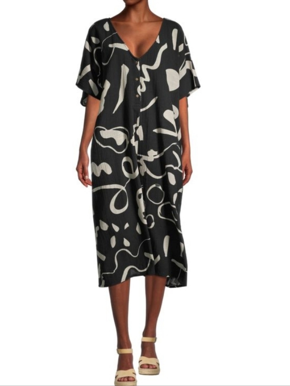 World Market Black & Ivory Abstract Kaftan Jumpsuit with Pockets One Size